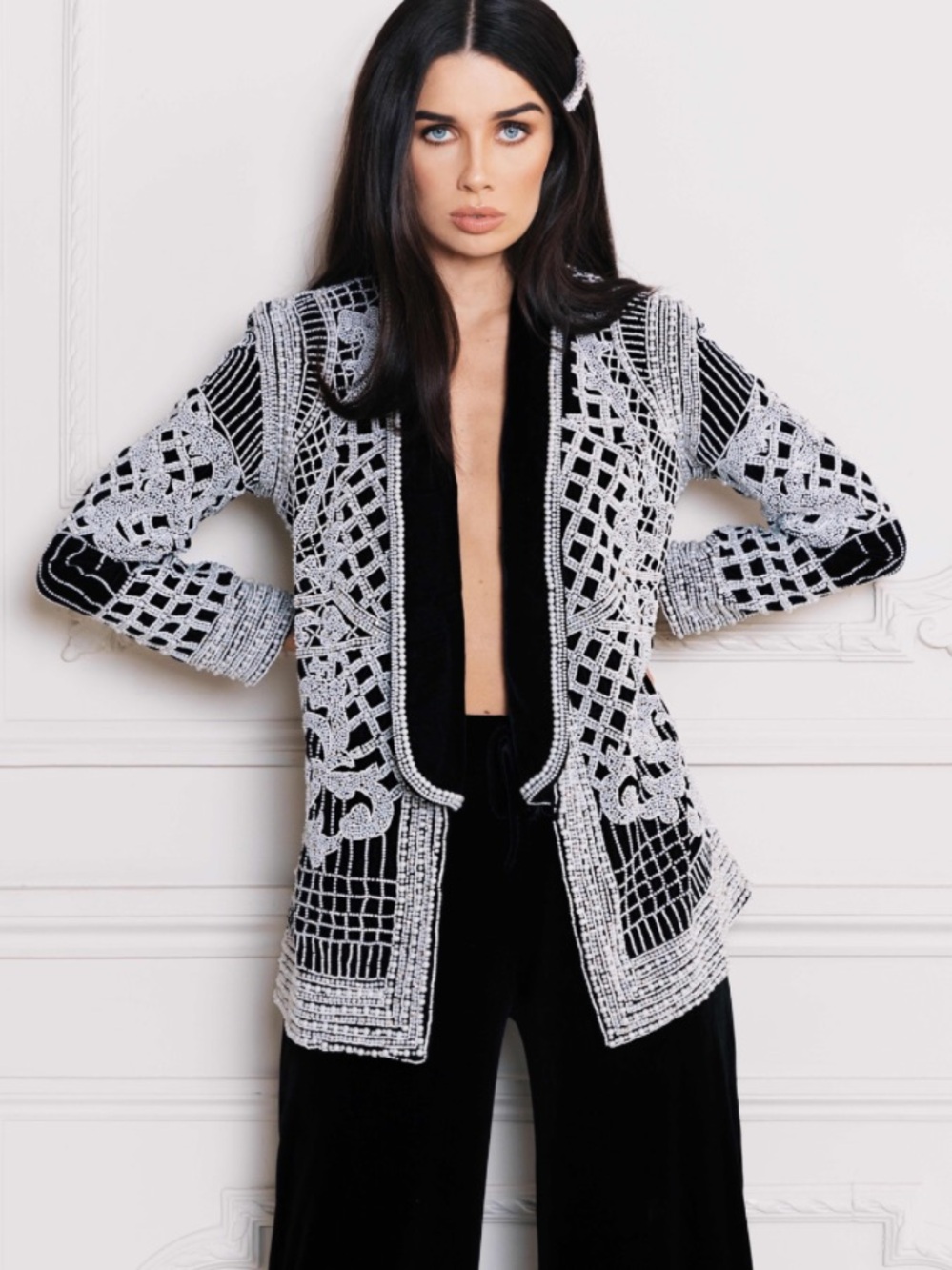 Khanum's Black and White Beaded Blazer